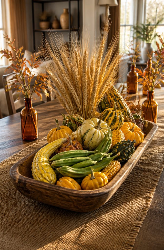 Harvest Decor Ideas for Home, Porch and Table 5 A dough bowl with gourds and wheat arranged on a table.