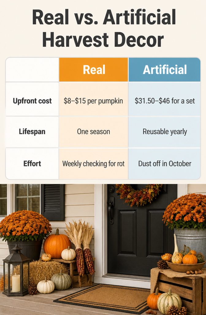 Harvest Decor Ideas for Home, Porch and Table 13 A chart comparing real and artificial harvest decor items.