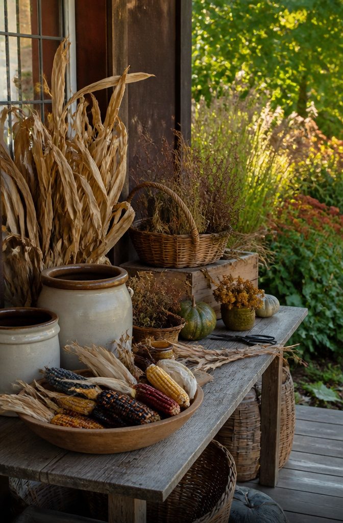 Harvest Decor Ideas for Home, Porch and Table 15 A collection of harvest materials including corn stalks and baskets.