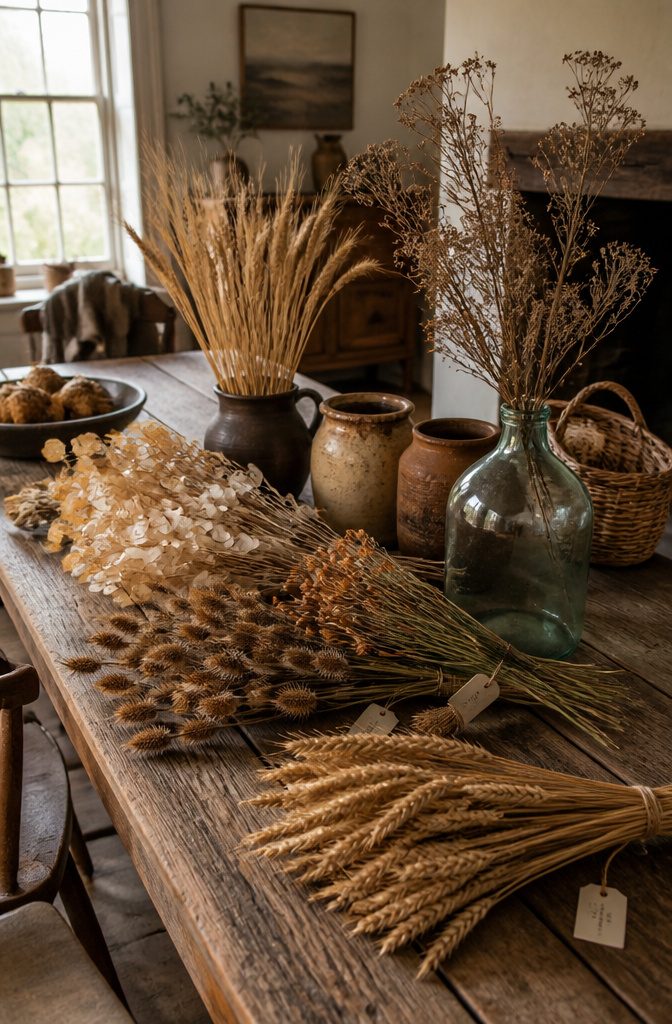 Harvest Decor Ideas for Home, Porch and Table 12 A rustic table with foraged stems and dried wheat displayed.
