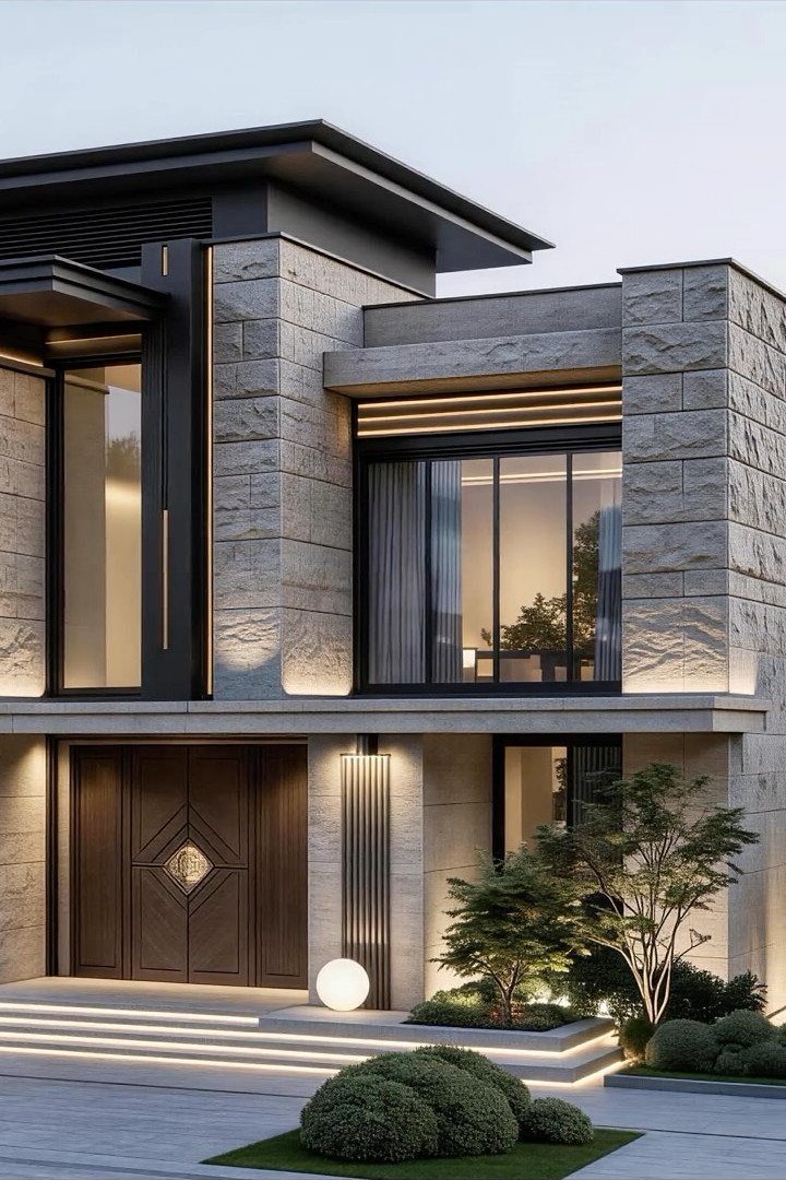 Modern house exterior with integrated architectural lighting on stone walls and stairs.
