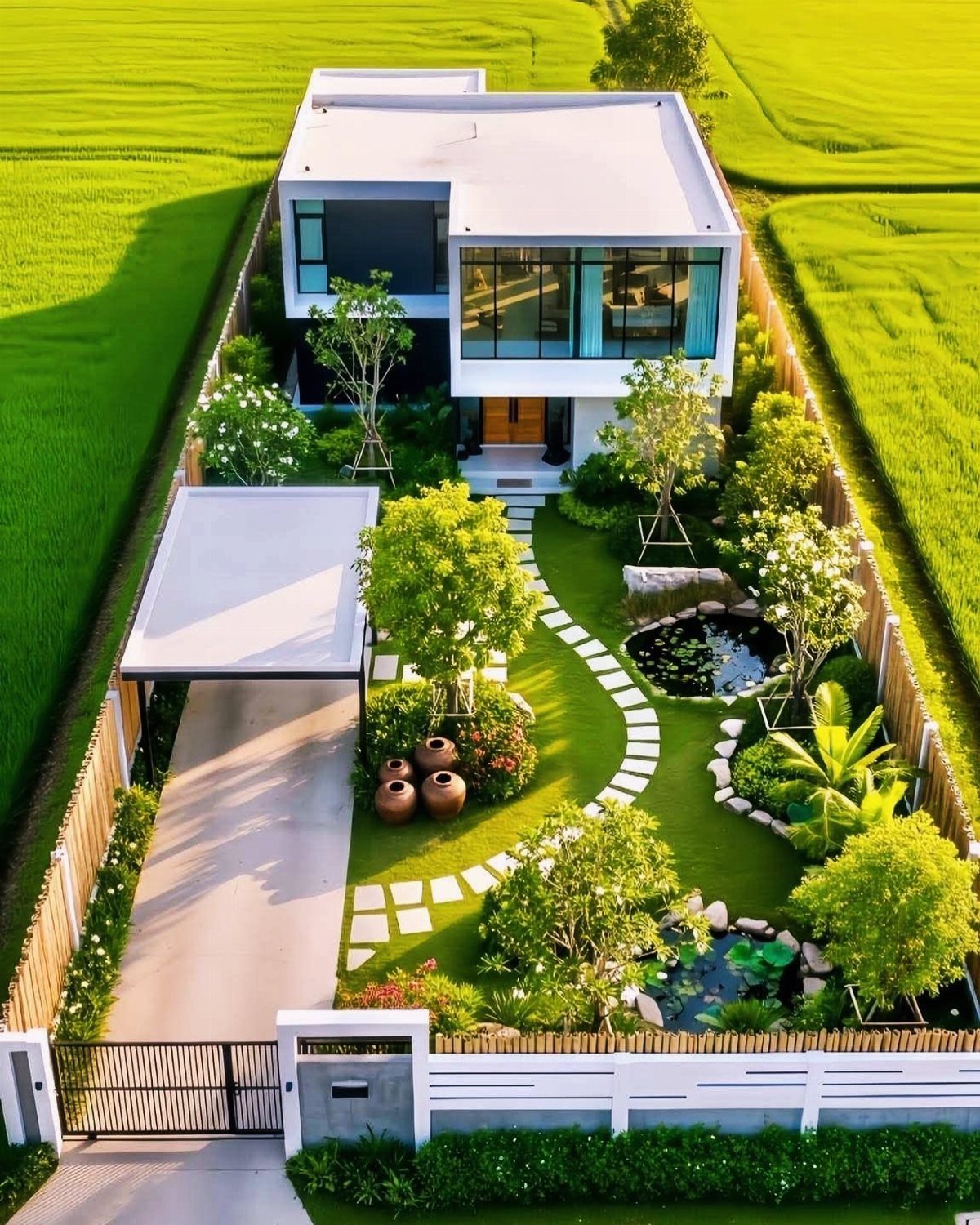 Modern white house with a landscaped garden featuring ponds, stepping stones, and lush greenery.