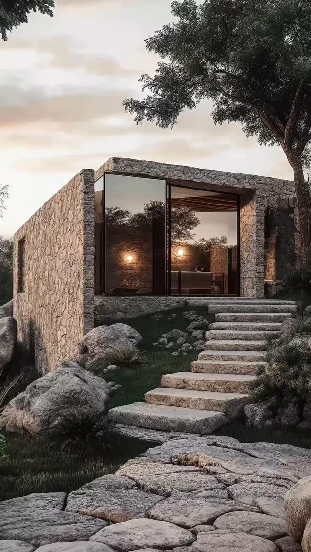 Modern stone house with earthy brown textures, large glass windows, and stone steps.