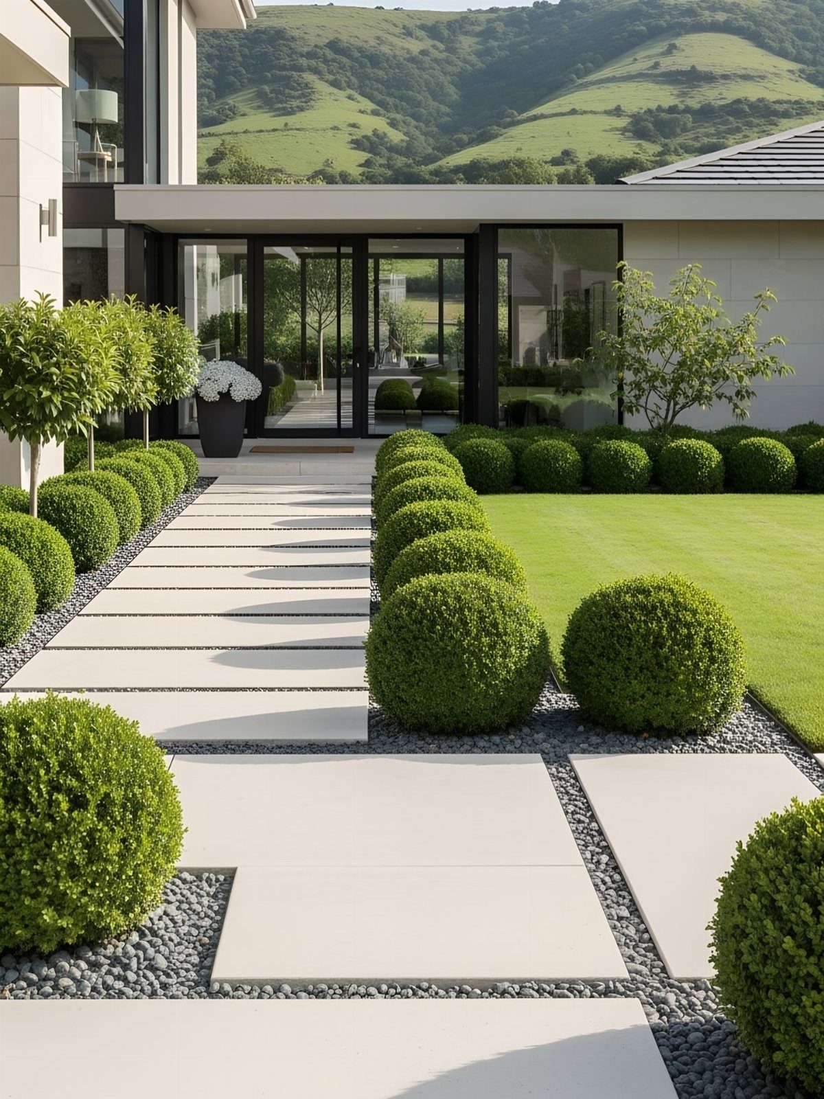Modern home walkway with rectangular pavers, spherical green shrubs, and a manicured lawn.