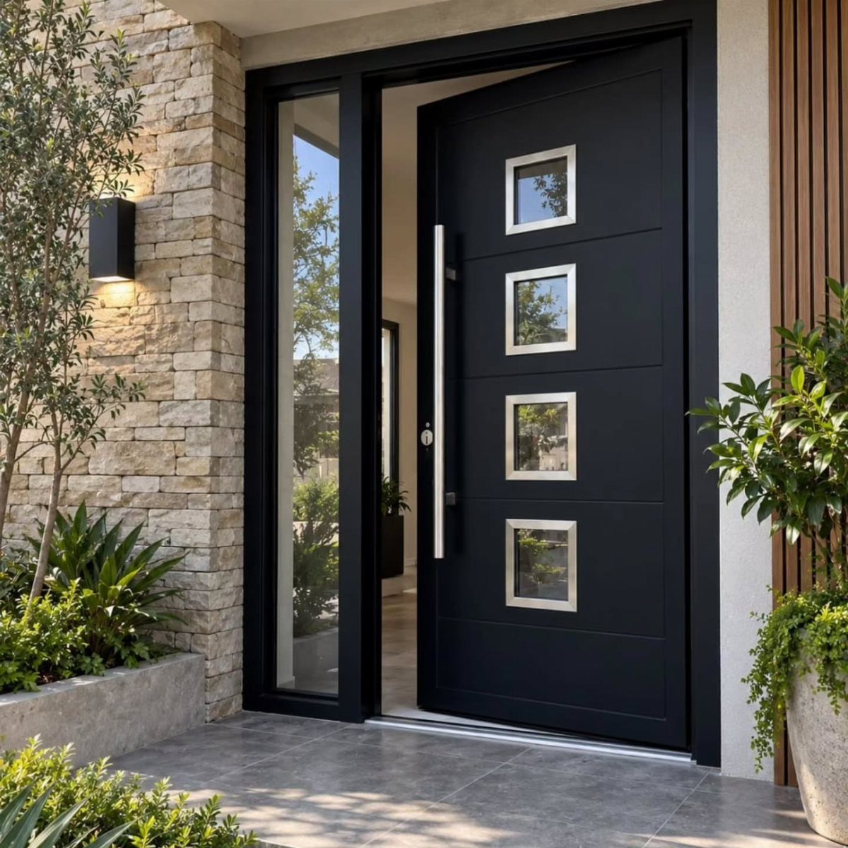 Modern black front door with square windows and stone and wood exterior walls.