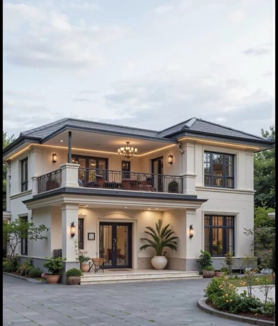 Luxury two-story home with light cream walls and dark gray architectural accents.