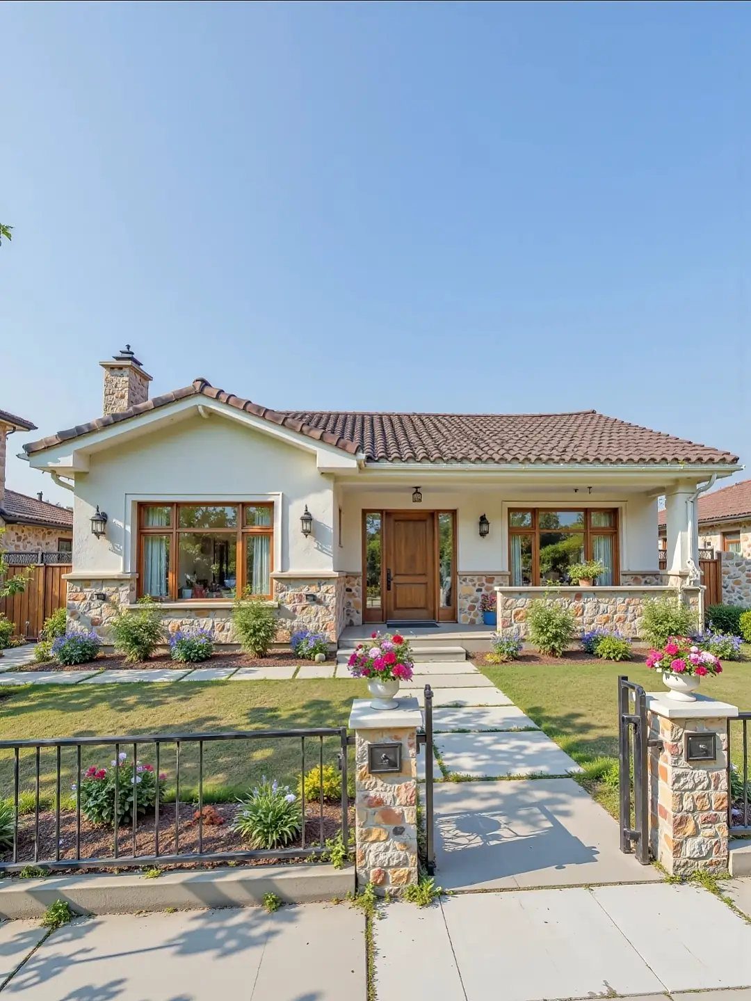 White stucco house with brown tile roof, stone accents, and a manicured front lawn.