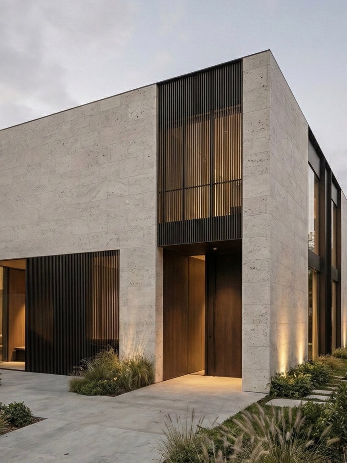 Modern house with beige stone walls and dark vertical slats on a concrete patio.