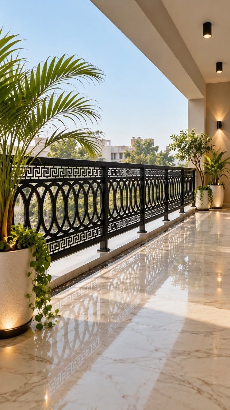 Black ornate metal railing with circular patterns on a white marble balcony.