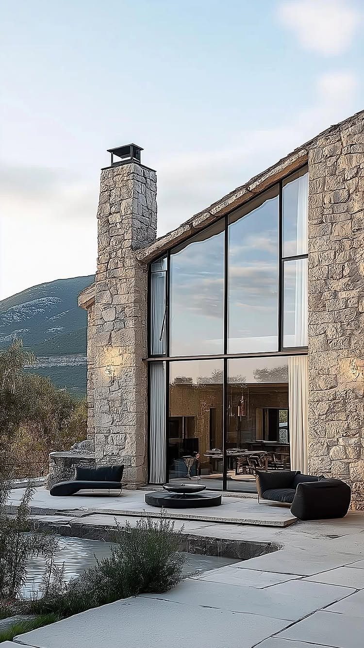 Modern house with stone walls, large glass windows, and black outdoor lounge chairs.
