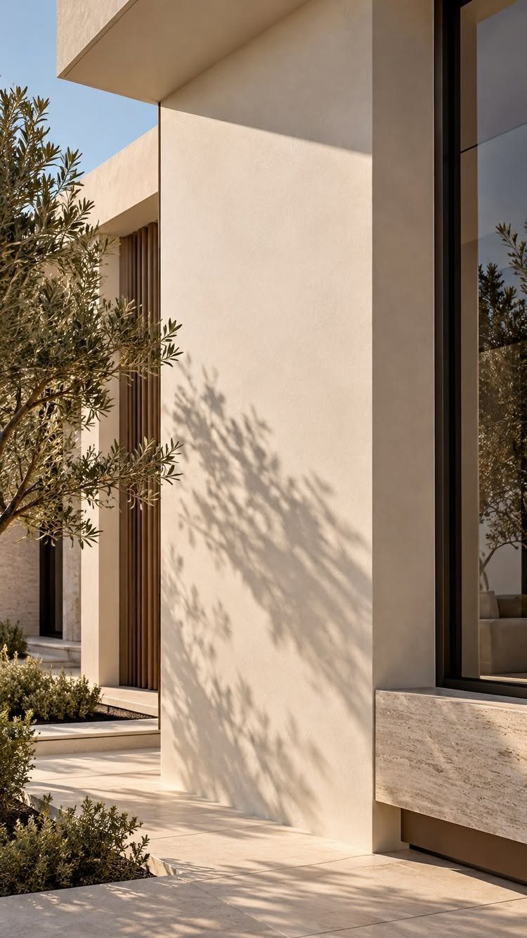 Beige stucco siding on a modern home with an olive tree and shadows.