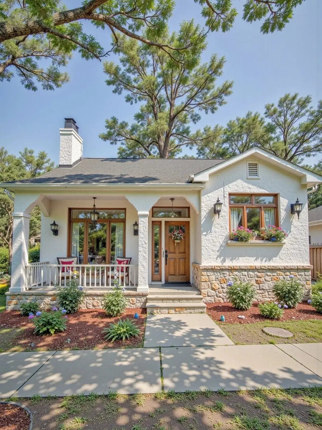 Warm white house with stone veneer base, wooden door, and a covered front porch.