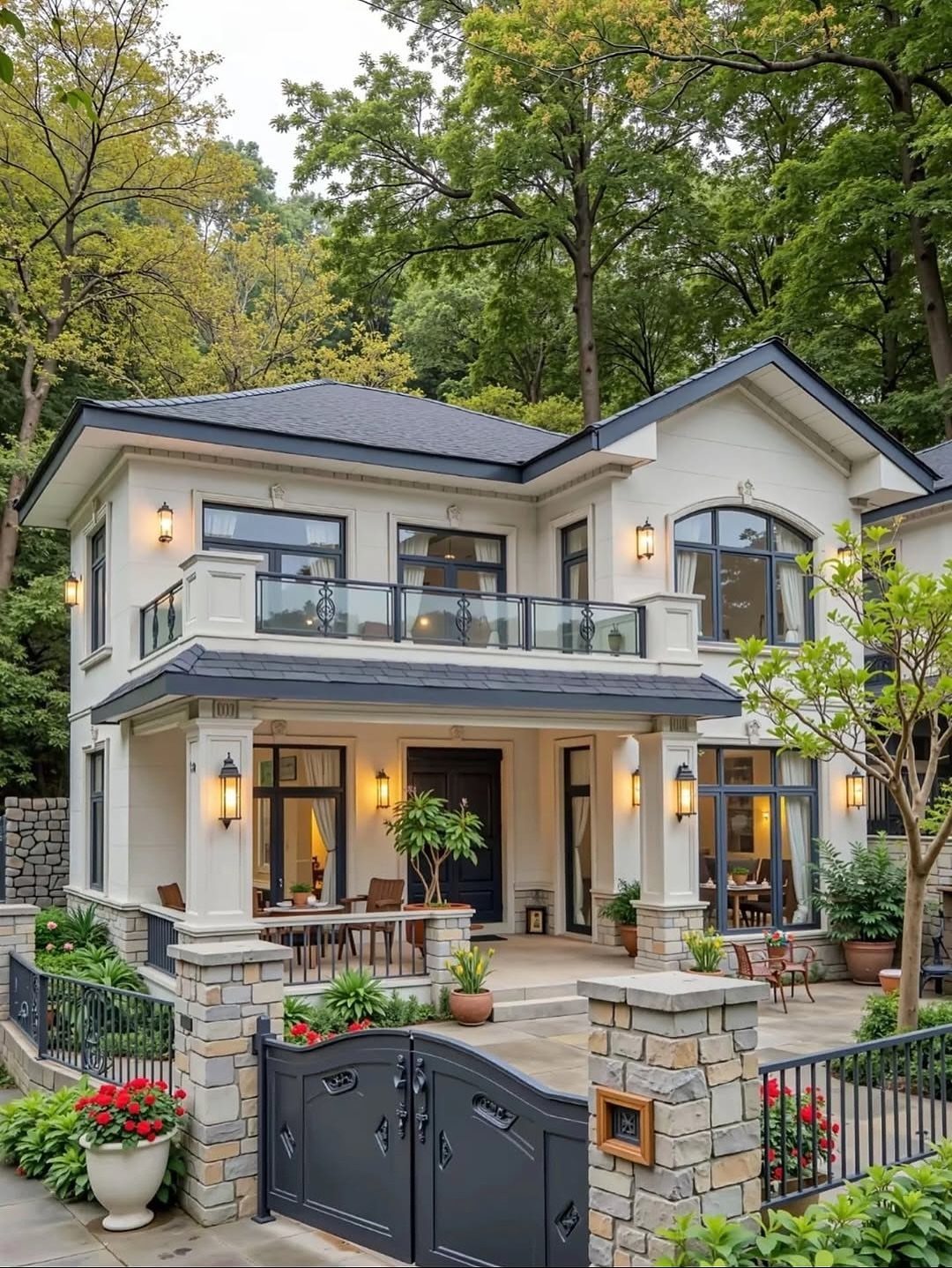 White two-story house with dark grey roof, stone fence, and lush green trees.