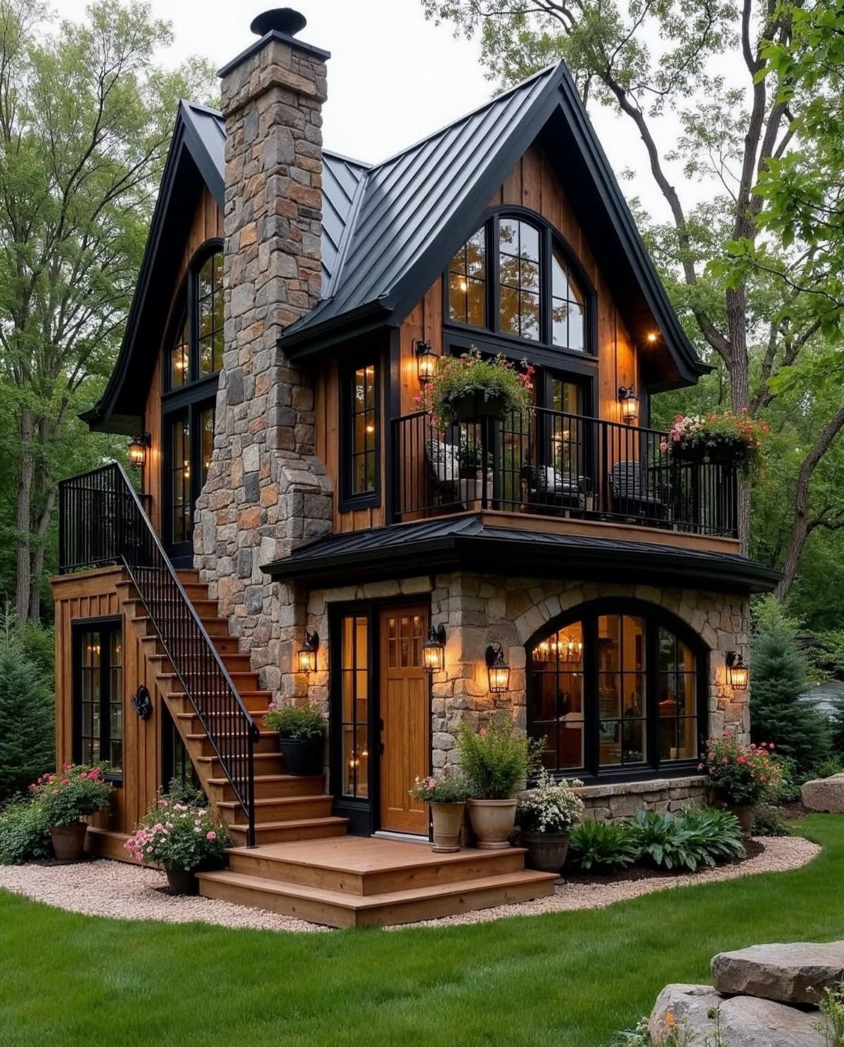 Two-story cottage with black metal roof, stone chimney, and wooden exterior in a forest.