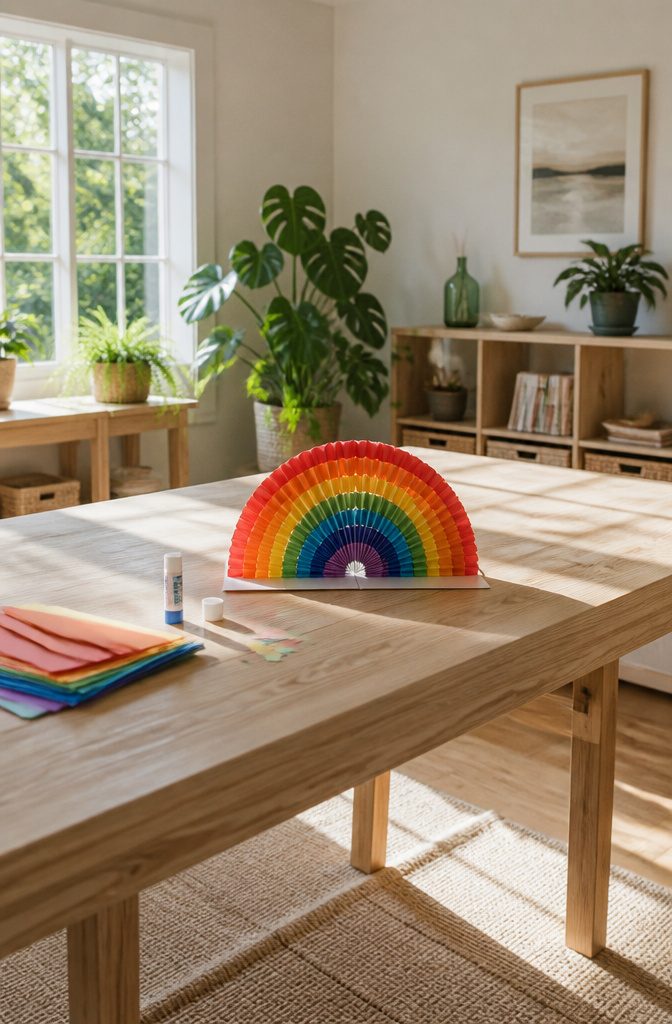 A card with an accordion fold featuring a rainbow design.