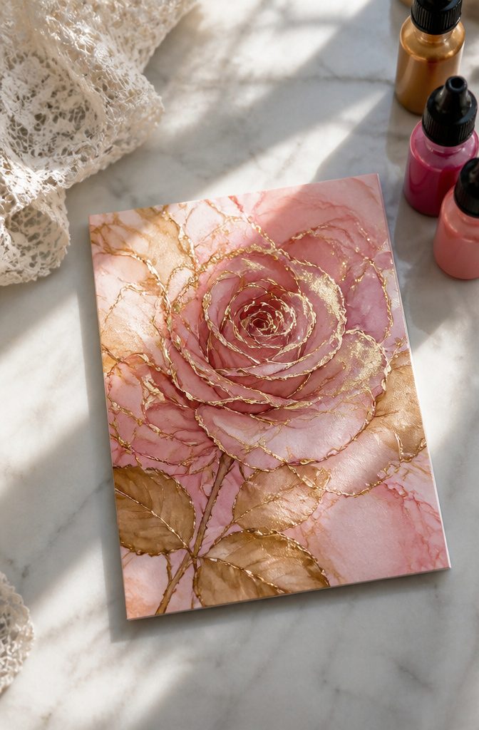 A birthday card featuring a rose design made with alcohol ink.