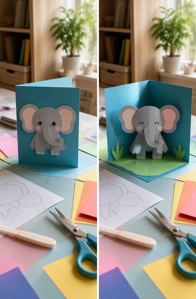 A pop-up card showing an animal design using a V-fold mechanism.