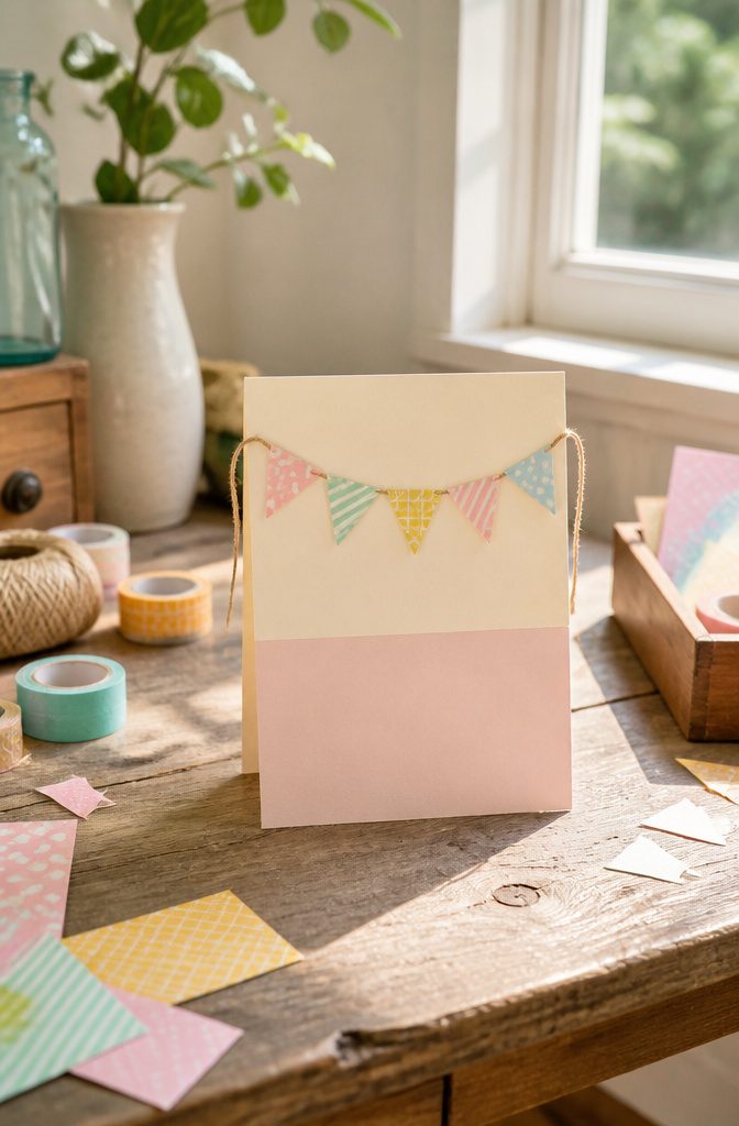 A birthday card with washi tape bunting flags across the top.