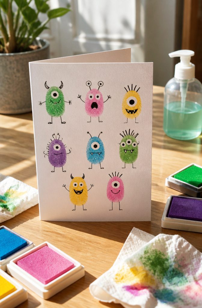 A card featuring colorful fingerprint monsters made by children.