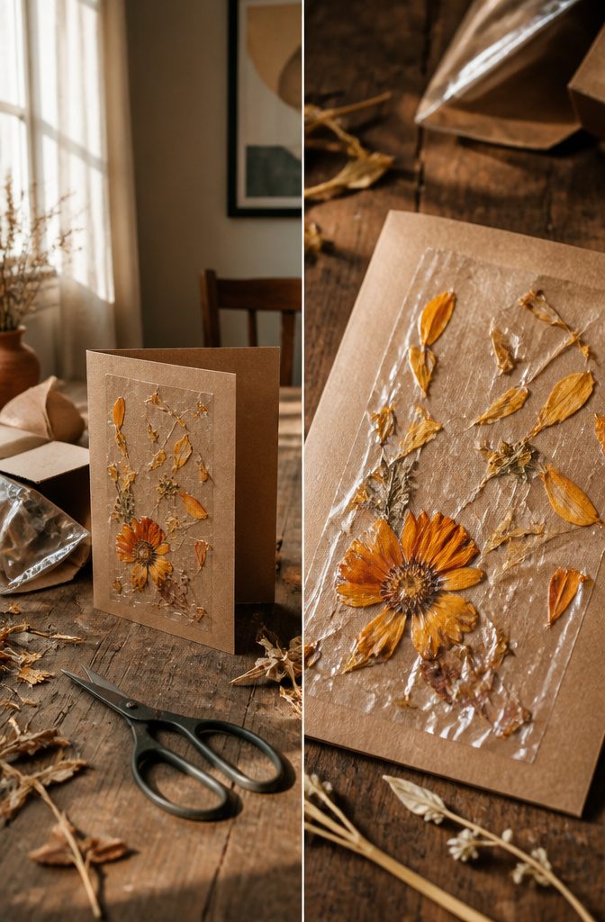 A handmade card showcasing a cut-out design and dried flower.