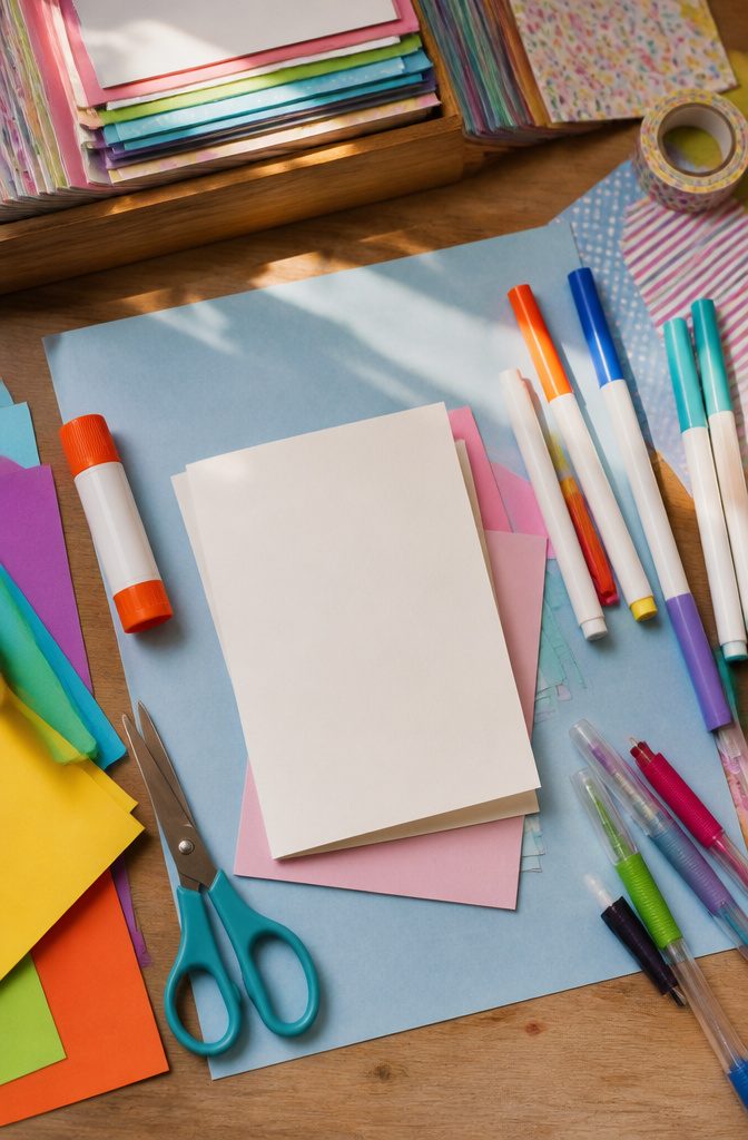 Basic materials for making homemade cards displayed together.