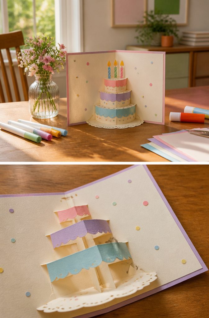 A pop-up birthday cake card showing the mechanism inside.