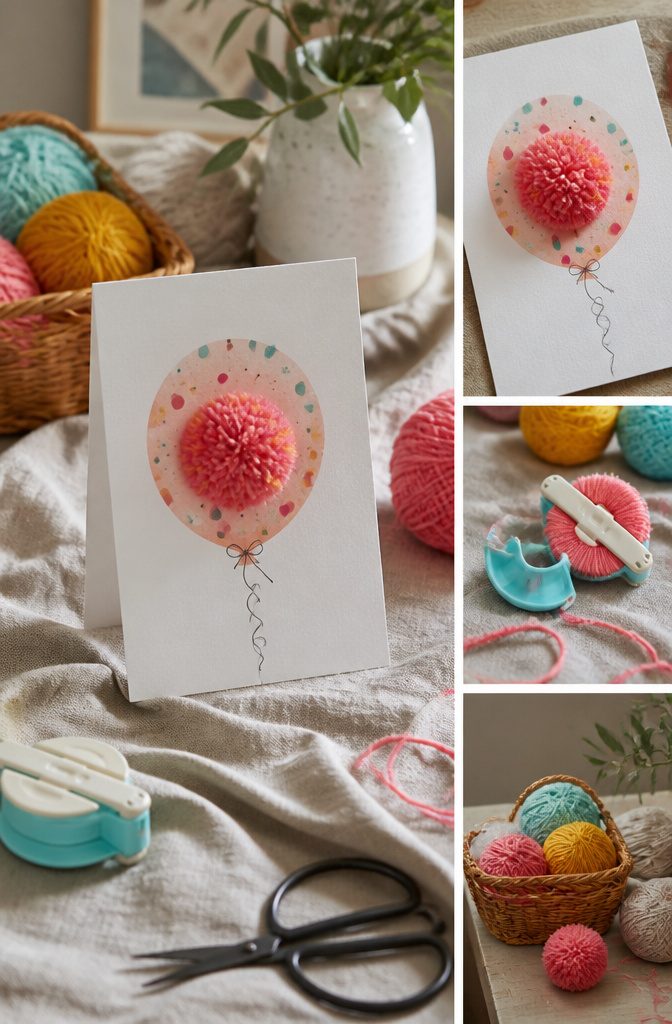 A card with a yarn pom pom design printed on cardstock.