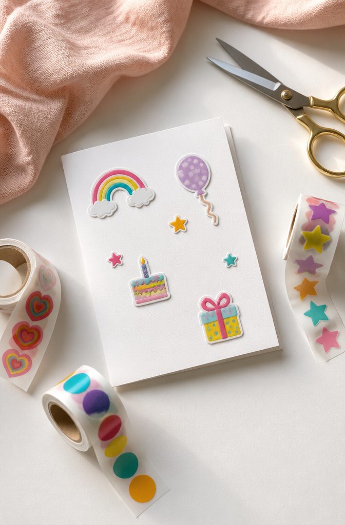 A card decorated with stickers on a sheet of white cardstock.