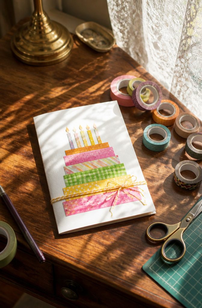 A birthday card made with washi tape depicting a colorful cake.
