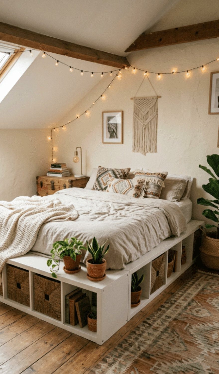 White modular storage bed frame with open cubbies in a cozy attic bedroom