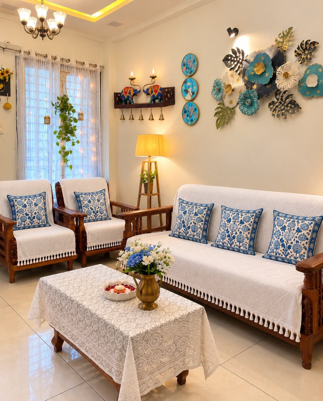 Indian Room Decor: 37 Ideas From Textiles to Wall Hangings 8 Living room with white furniture, blue floral pillows, and brass decorative accents.