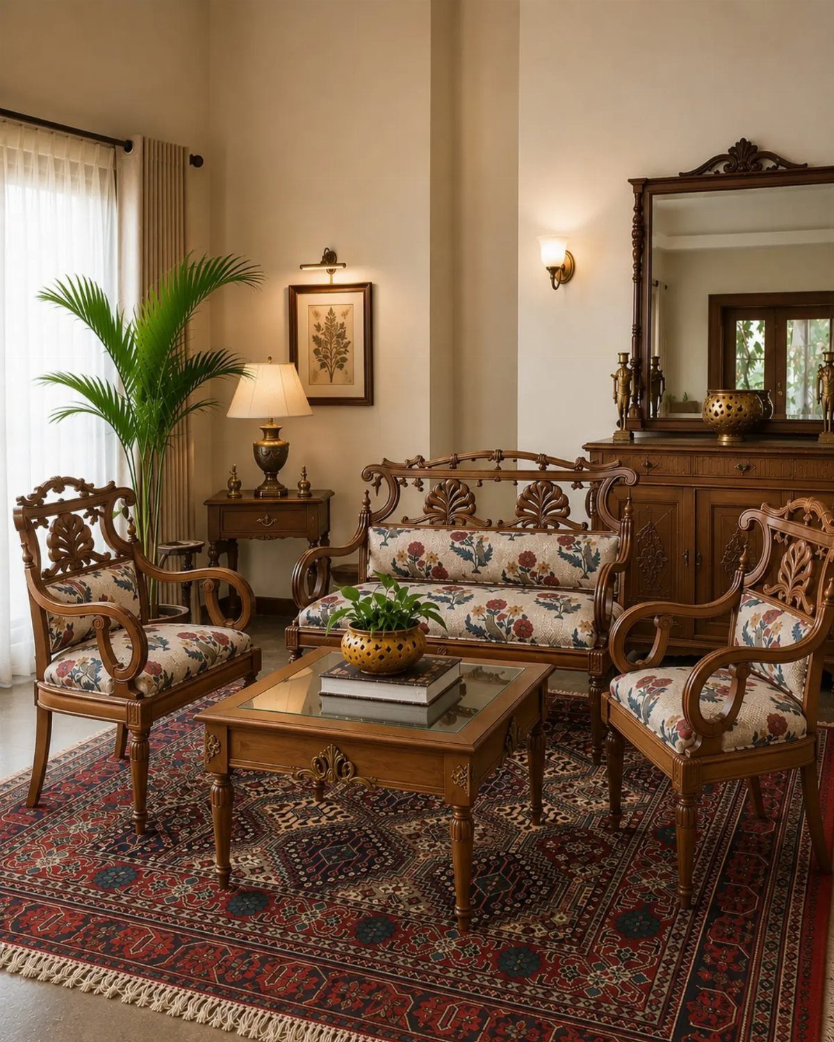 Indian Room Decor: 37 Ideas From Textiles to Wall Hangings 3 Carved wooden sofa and armchairs with floral cushions on a red patterned rug.