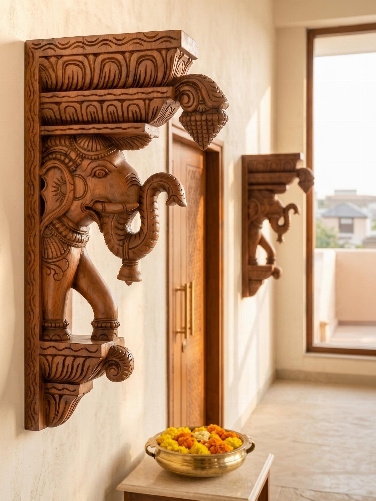Indian Room Decor: 37 Ideas From Textiles to Wall Hangings 26 Carved wooden elephant brackets supporting shelves on a wall with marigolds in brass bowl