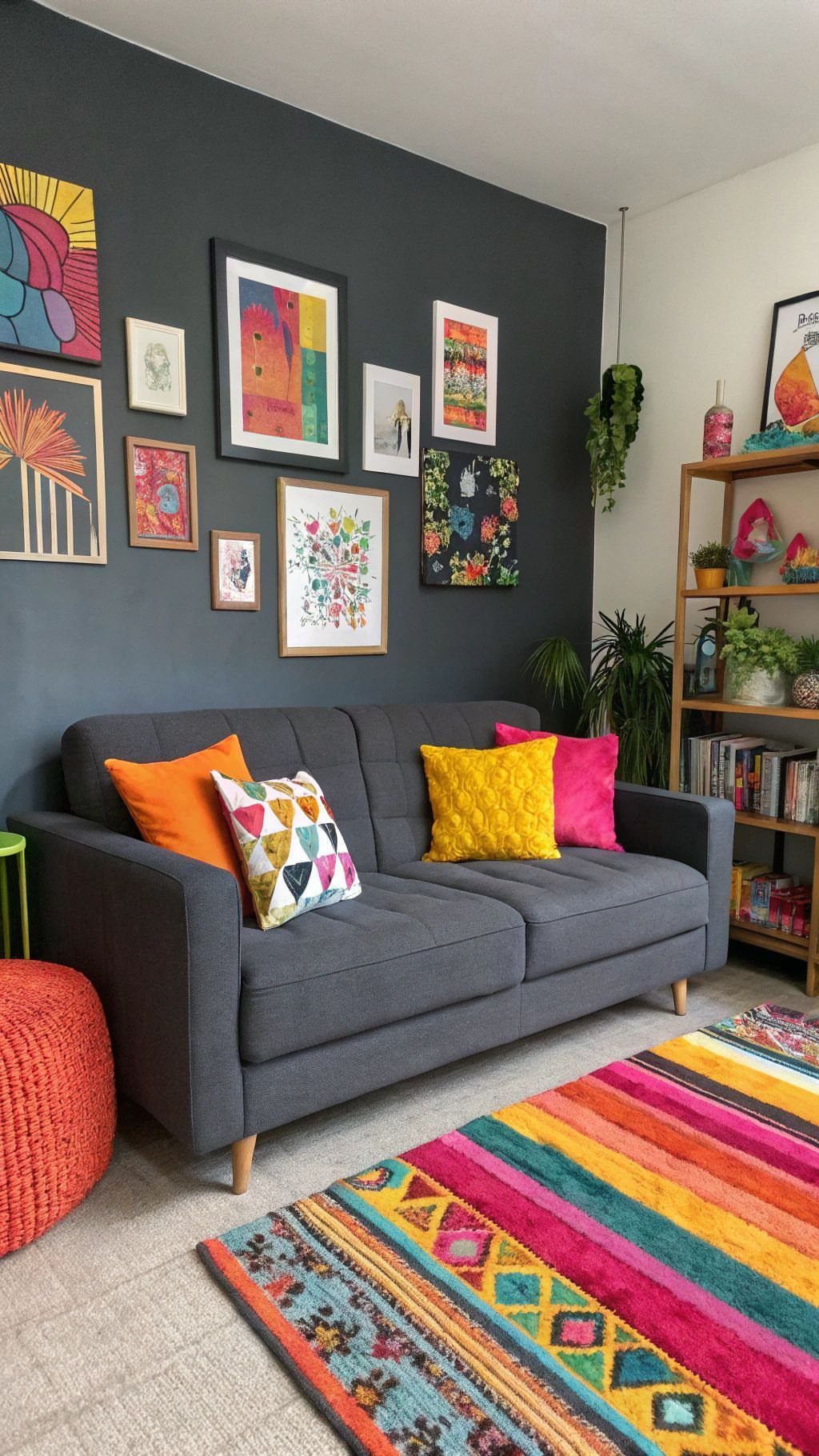 Indian Room Decor: 37 Ideas From Textiles to Wall Hangings 9 Colorful striped rug on the floor in a living room with a grey sofa.