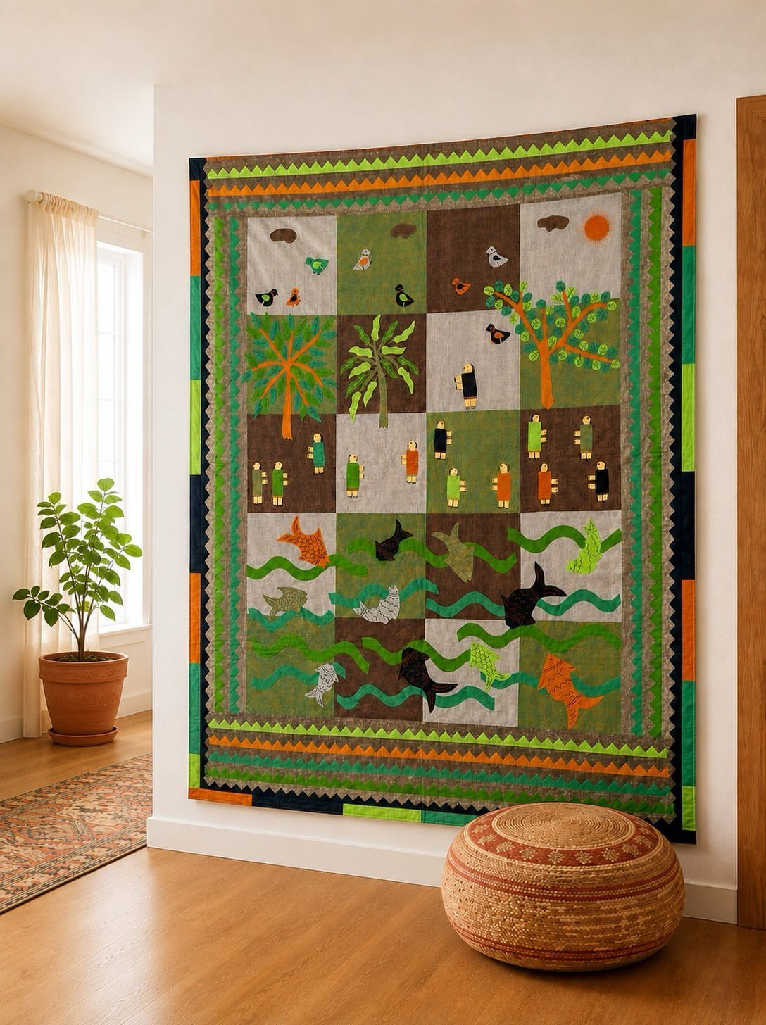 Indian Room Decor: 37 Ideas From Textiles to Wall Hangings 14 Colorful fabric wall hanging with folk art patterns displayed in a bright room.
