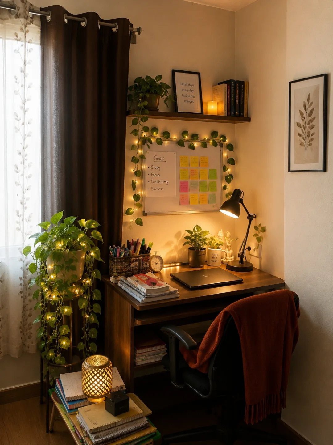 Indian Room Decor: 37 Ideas From Textiles to Wall Hangings 31 Wooden desk with floating shelves, fairy lights, plants, and a whiteboard on the wall.