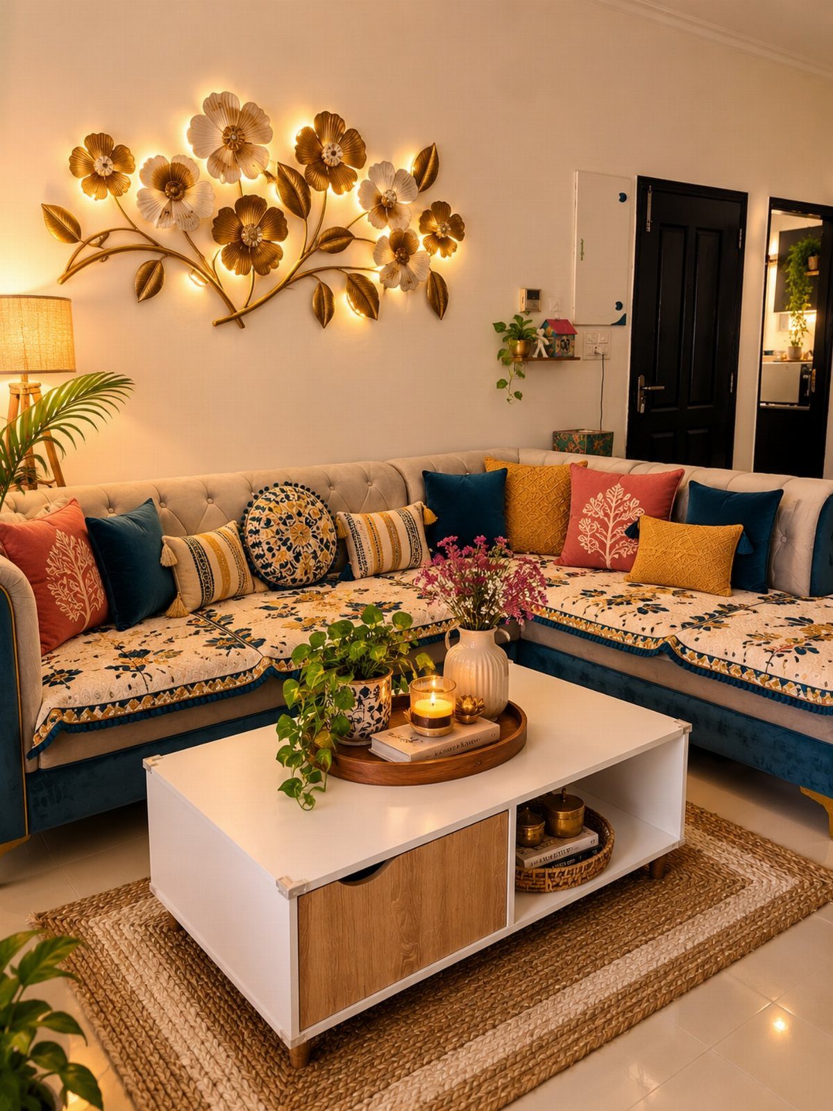 Indian Room Decor: 37 Ideas From Textiles to Wall Hangings 10 Living room with blue sofa, colorful cushions, jute rug, and gold floral wall art.
