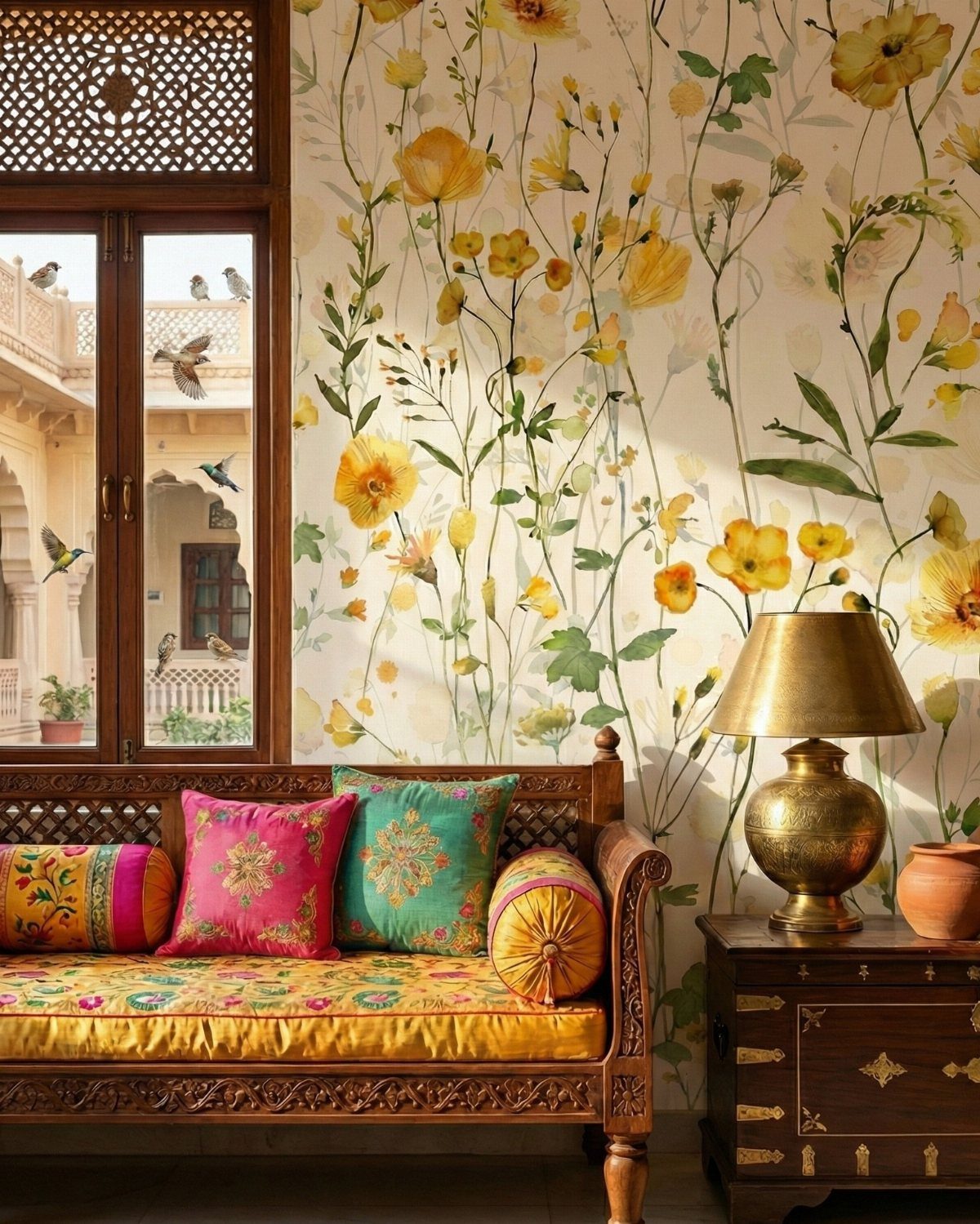 Indian Room Decor: 37 Ideas From Textiles to Wall Hangings 17 Carved wooden sofa with yellow floral upholstery and colorful patterned cushions against floral wallpaper.