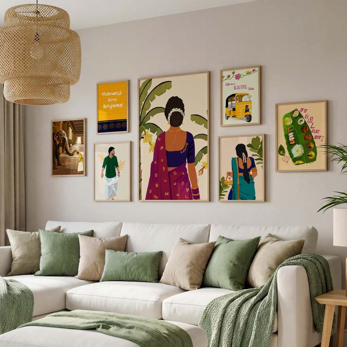 Indian Room Decor: 37 Ideas From Textiles to Wall Hangings 5 White sofa with green cushions under a gallery of Indian themed framed art.