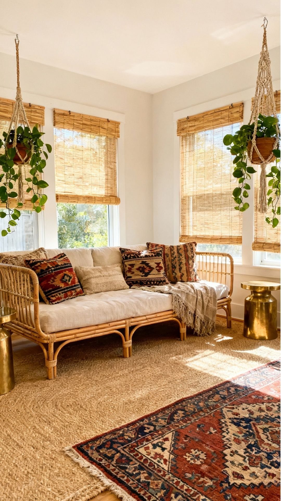 Indian Room Decor: 37 Ideas From Textiles to Wall Hangings 36 Rattan daybed with colorful patterned cushions in a bright room with hanging plants.