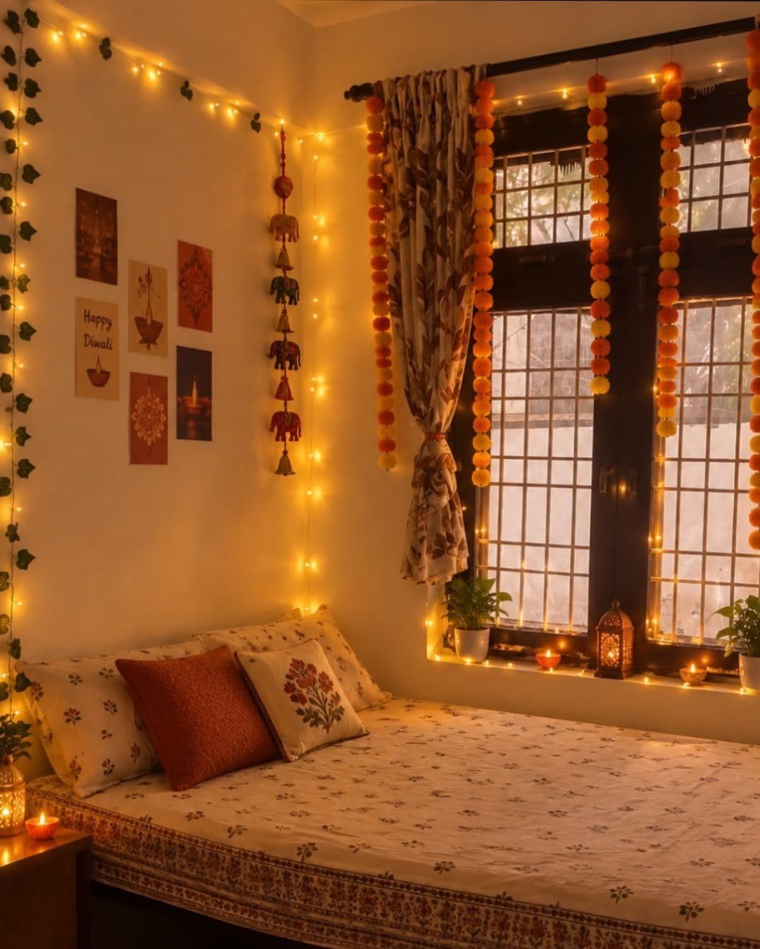 Indian Room Decor: 37 Ideas From Textiles to Wall Hangings 6 Cozy bedroom with warm string lights, marigold garlands, and traditional Indian bedding.