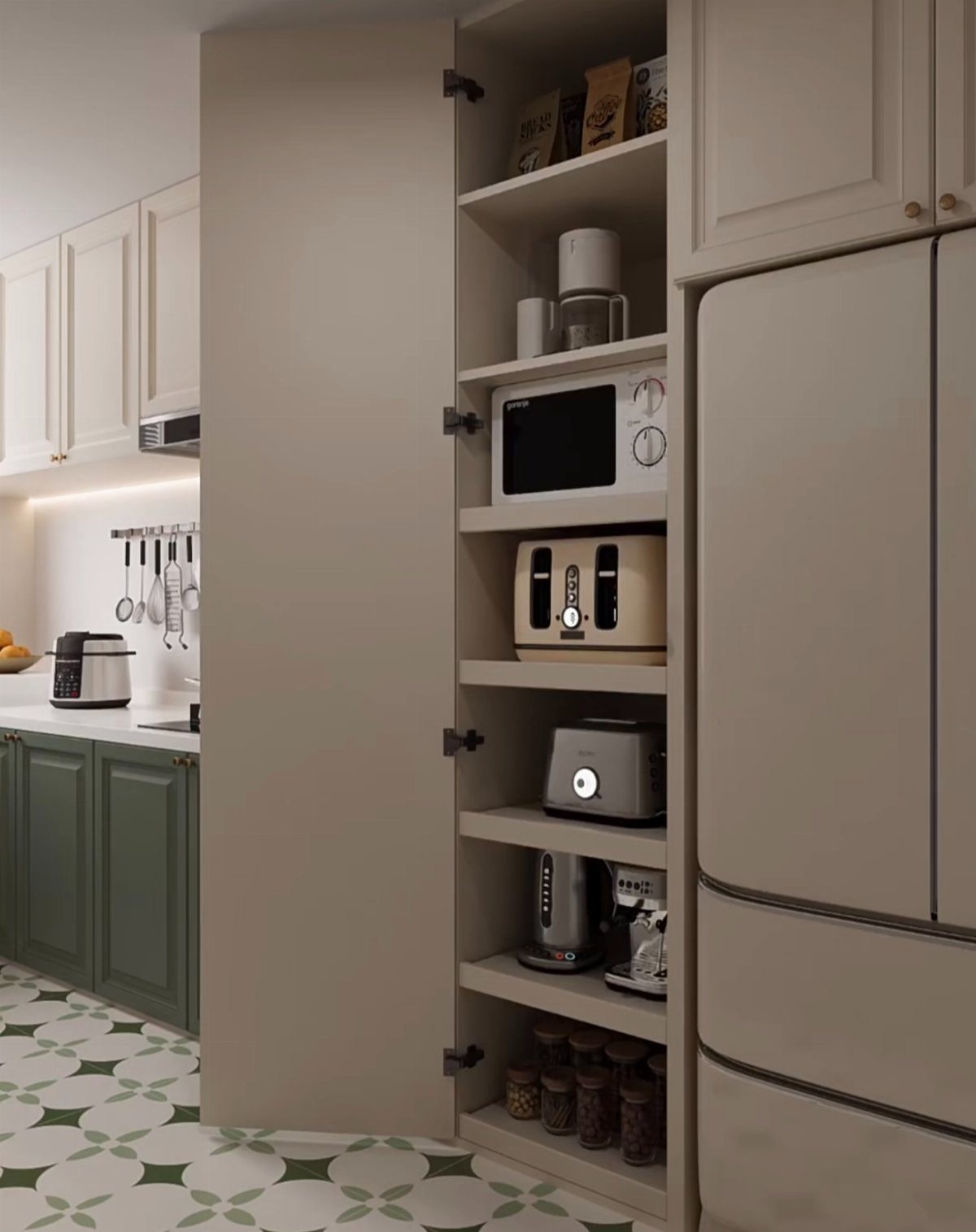Tall beige pantry cabinet extension with shelves holding small kitchen appliances and jars.