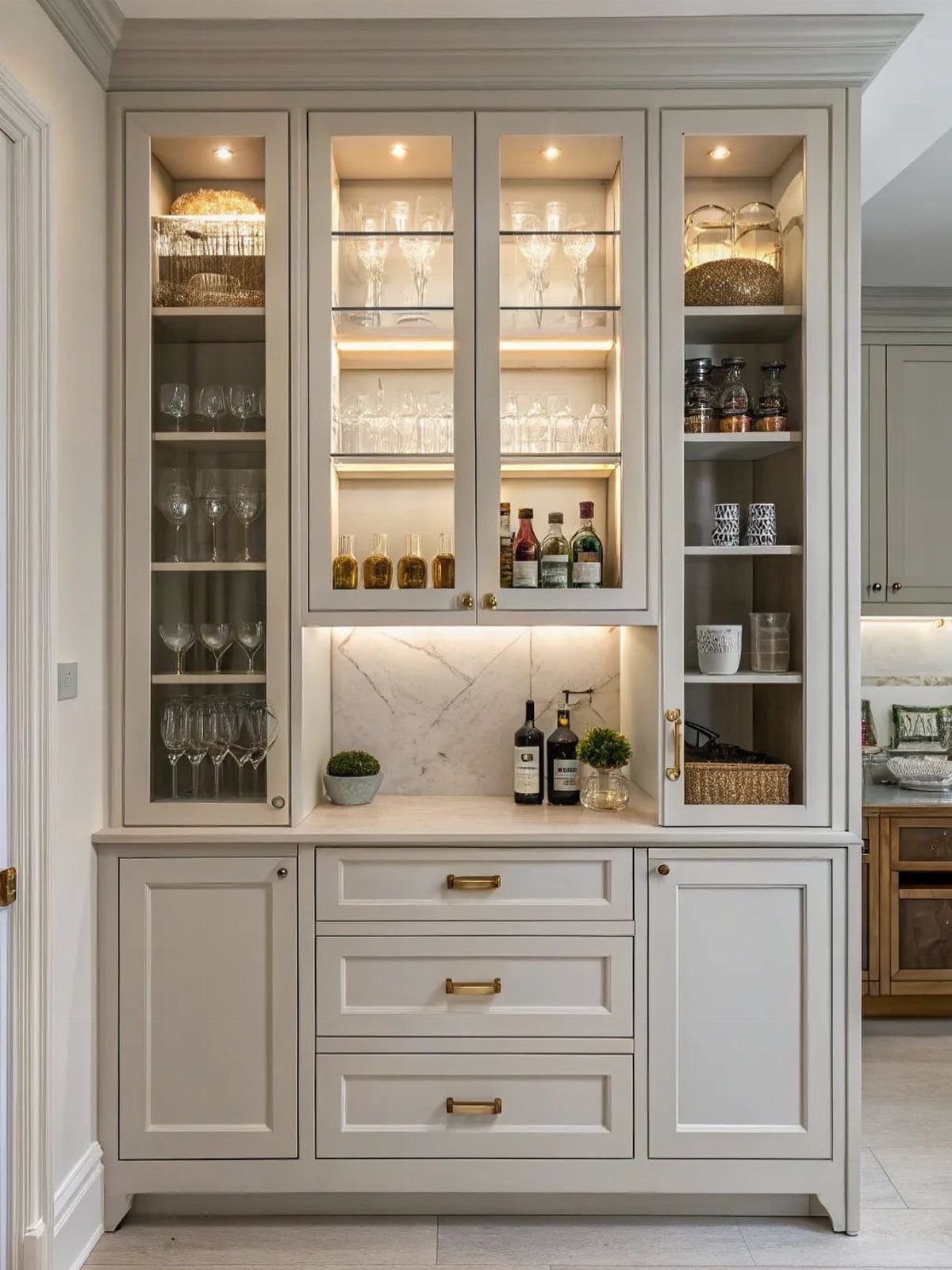 Light grey built-in kitchen cabinet extension with glass doors and marble backsplash