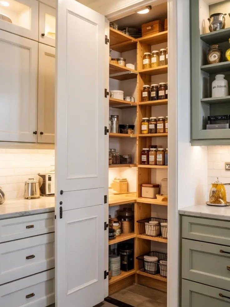 Open white pantry door revealing tall wooden shelves filled with jars and baskets.