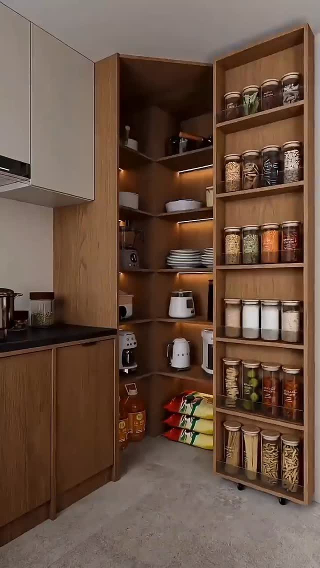 Wooden kitchen cabinet extension with open shelving, glass jars, and integrated warm lighting.
