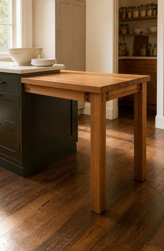 Wooden legs attached at the corners beneath a kitchen island extension frame