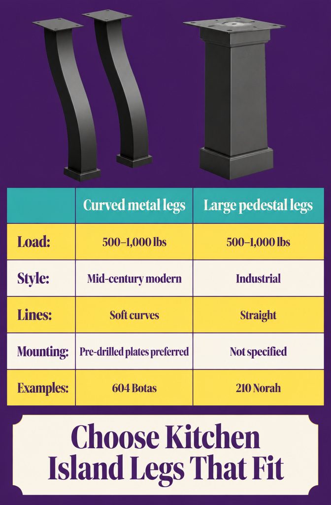 Metal kitchen island legs with curved lines and pre-drilled mounting plates