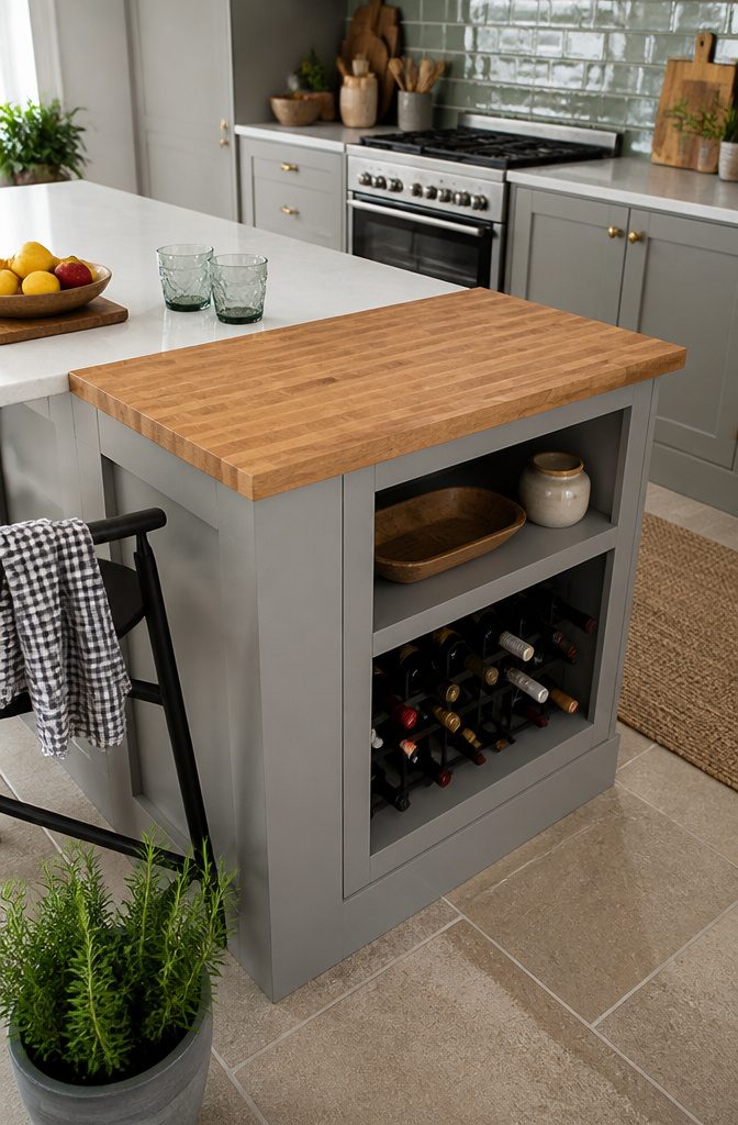 Butcher-block extension with a neat seam open shelves and a compact wine rack
