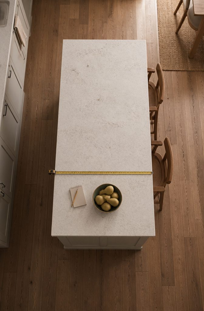 Kitchen island countertop with a measuring tape checking its depth