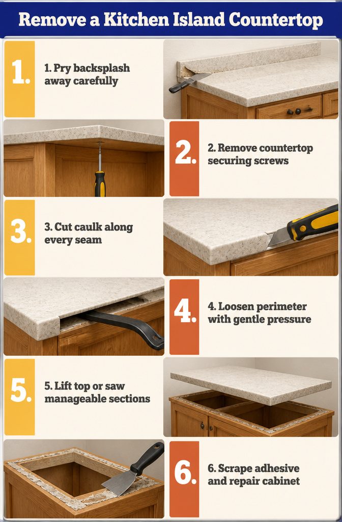 Kitchen island countertop being removed with a putty knife near the backsplash